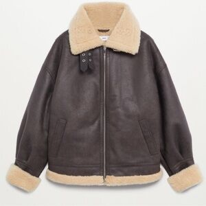Mango Brown Leather Jacket with Cream Shearling Collar